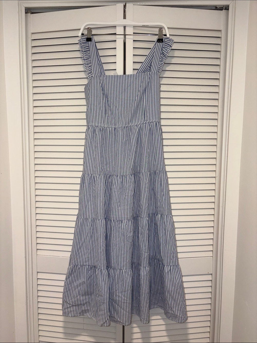 Blue and White Striped Sleeveless Tiered Midi Dress - Picture 2 of 5